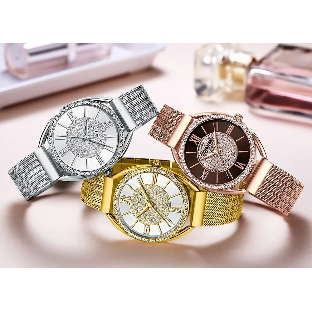 MINI FOCUS Trendy Crystal Watch for Women Business Dress Ladies Watches Top Brand Luxury Diamond Quartz  Steel Strap Wristwatch