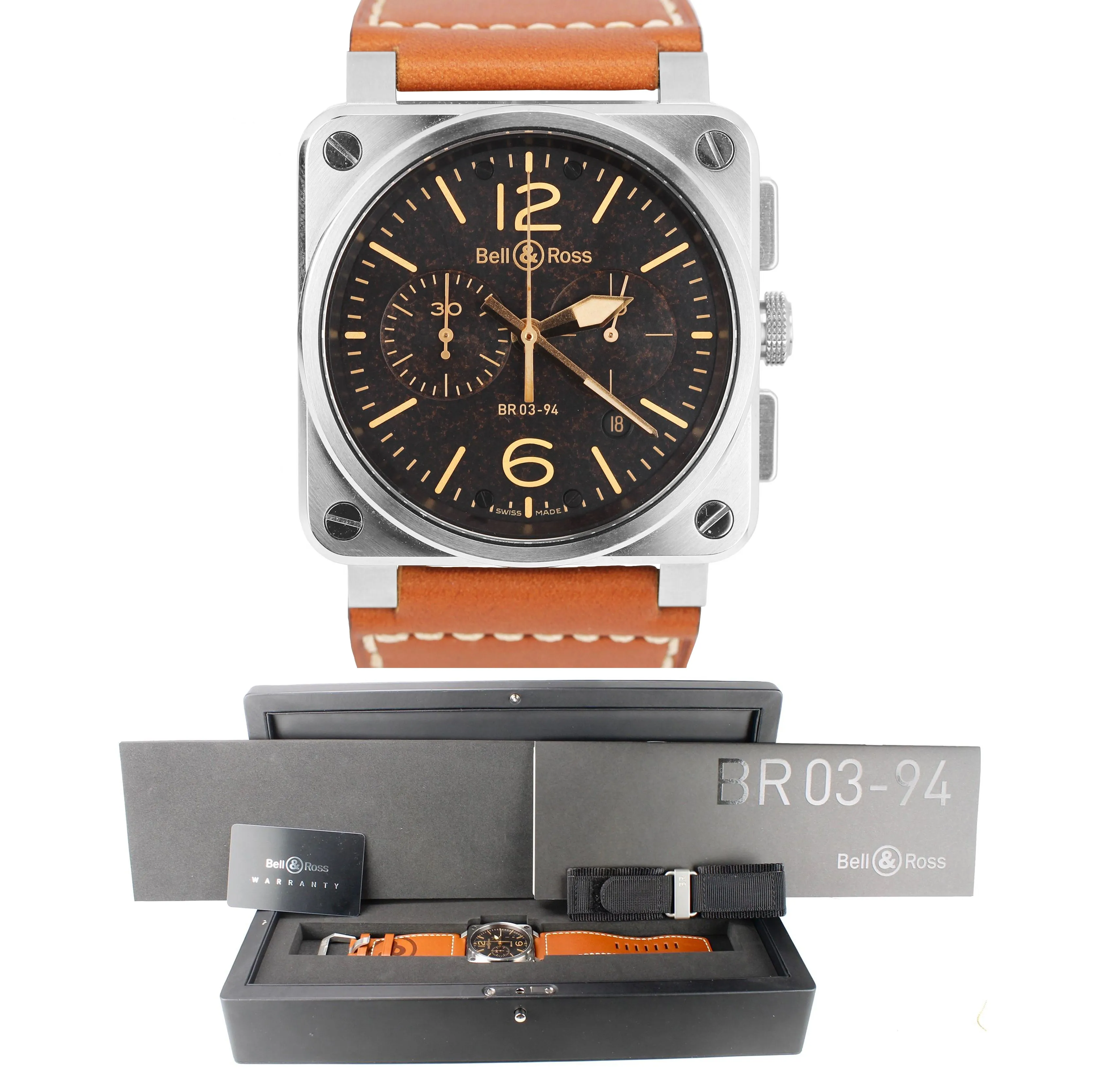 MINT Bell & Ross BR 03-94 Golden Heritage Chronograph Black 42mm Stainless Watch