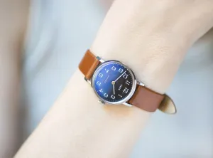 Mint condition women watch blue minimalist, vintage teen wristwatch Dawn, Arabic numerals watch round preppy gift, new genuine leather strap