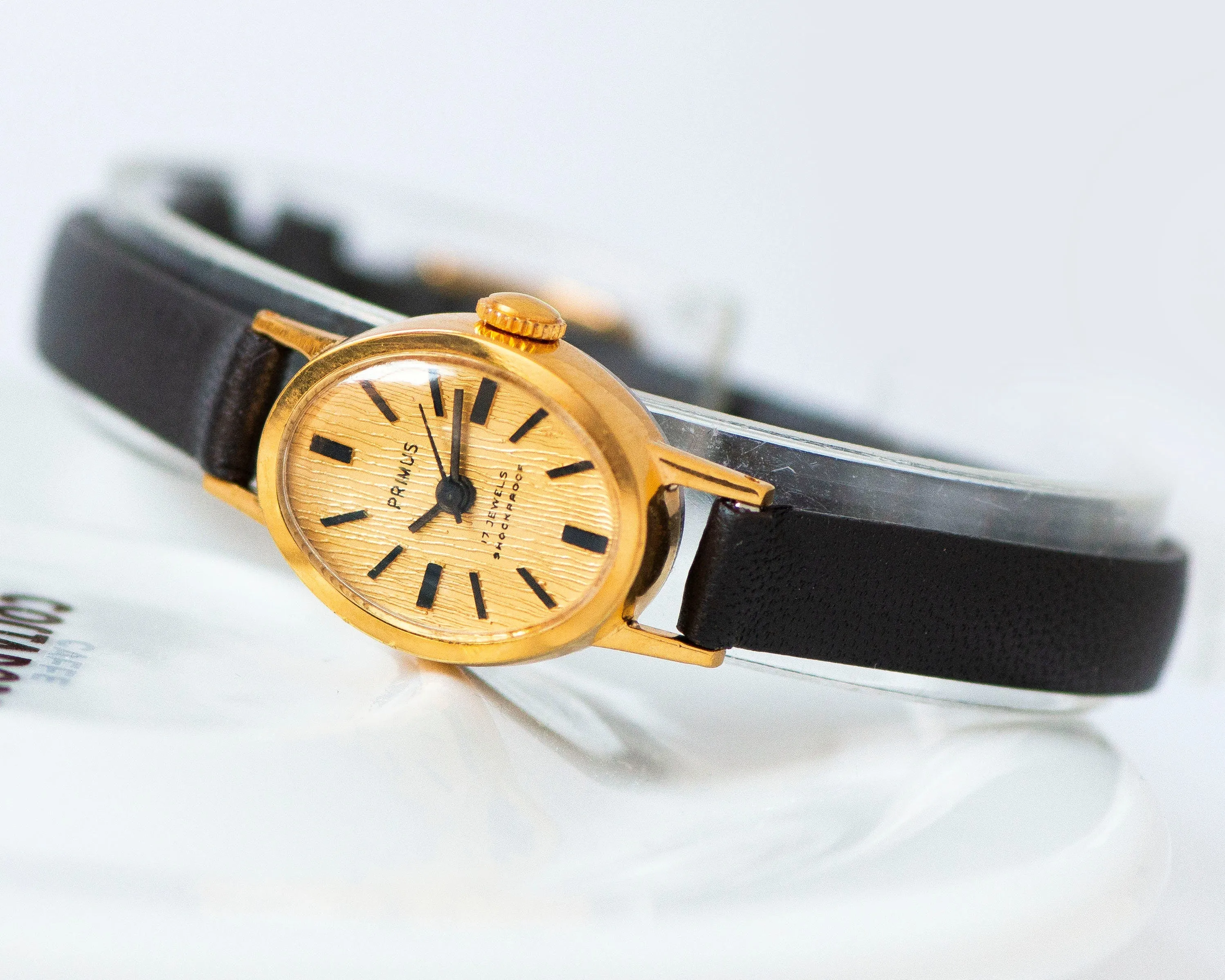 Mint condition women's watch Primus vintage, oval wristwatch gold plated gift, minimalist watch yellow dial unique, new premium leather band