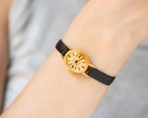 Mint condition women's watch Primus vintage, oval wristwatch gold plated gift, minimalist watch yellow dial unique, new premium leather band
