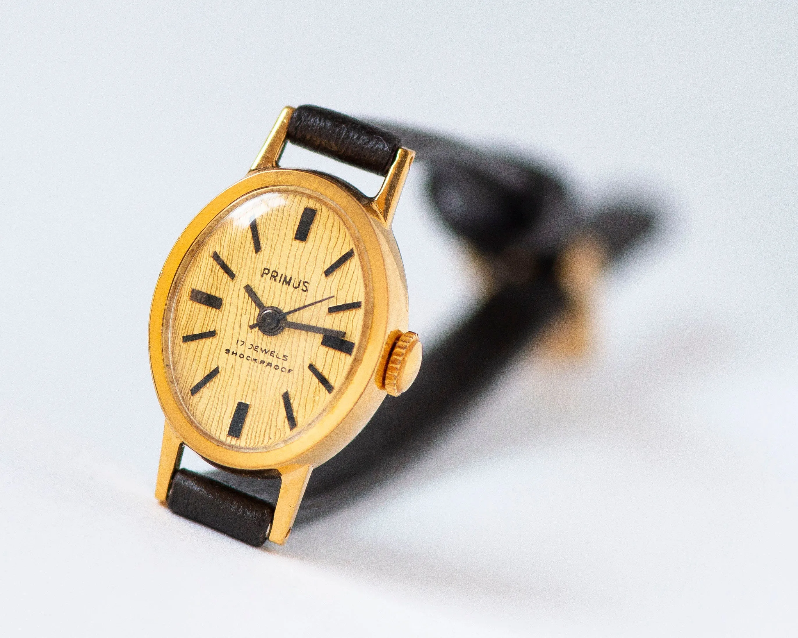 Mint condition women's watch Primus vintage, oval wristwatch gold plated gift, minimalist watch yellow dial unique, new premium leather band