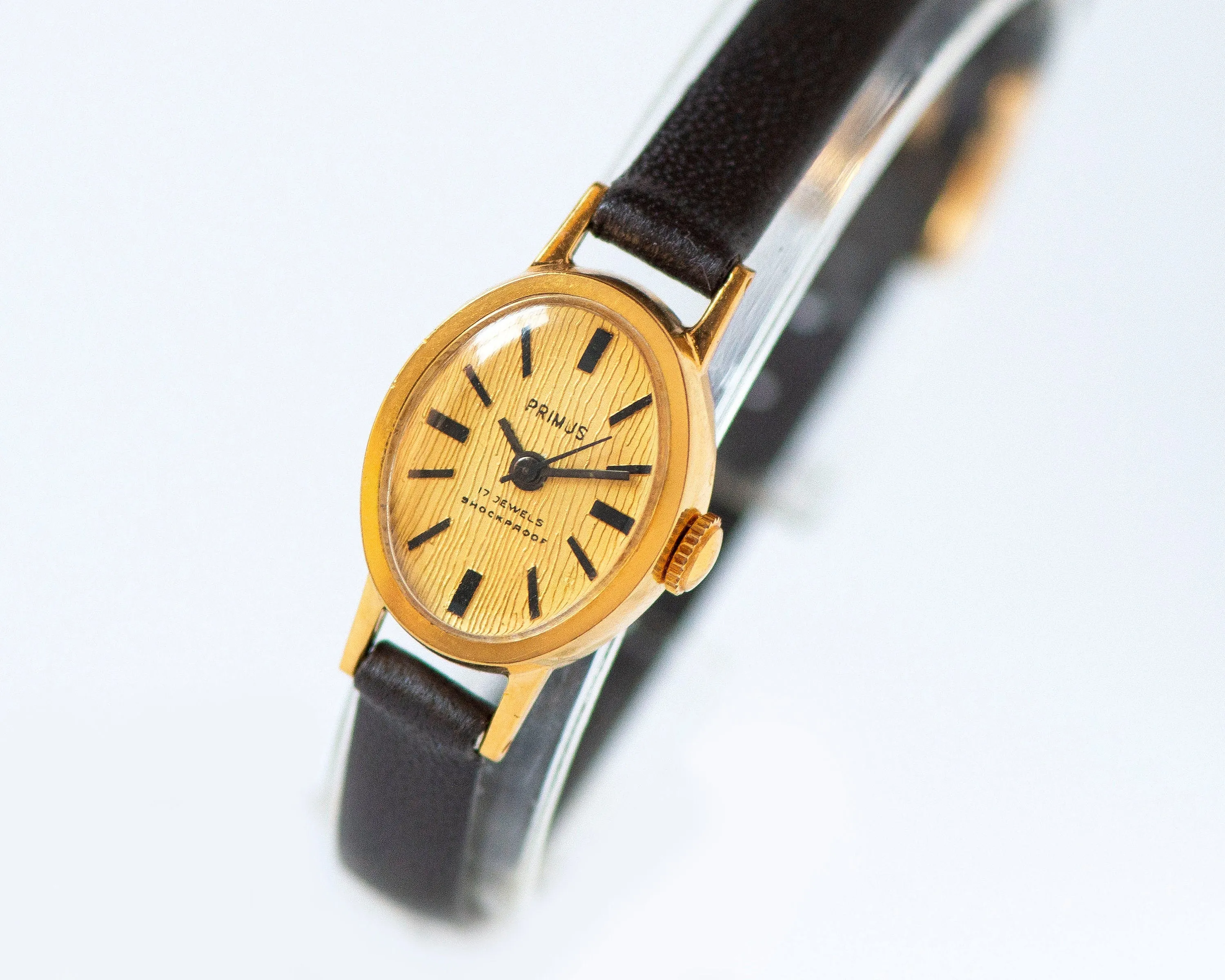 Mint condition women's watch Primus vintage, oval wristwatch gold plated gift, minimalist watch yellow dial unique, new premium leather band