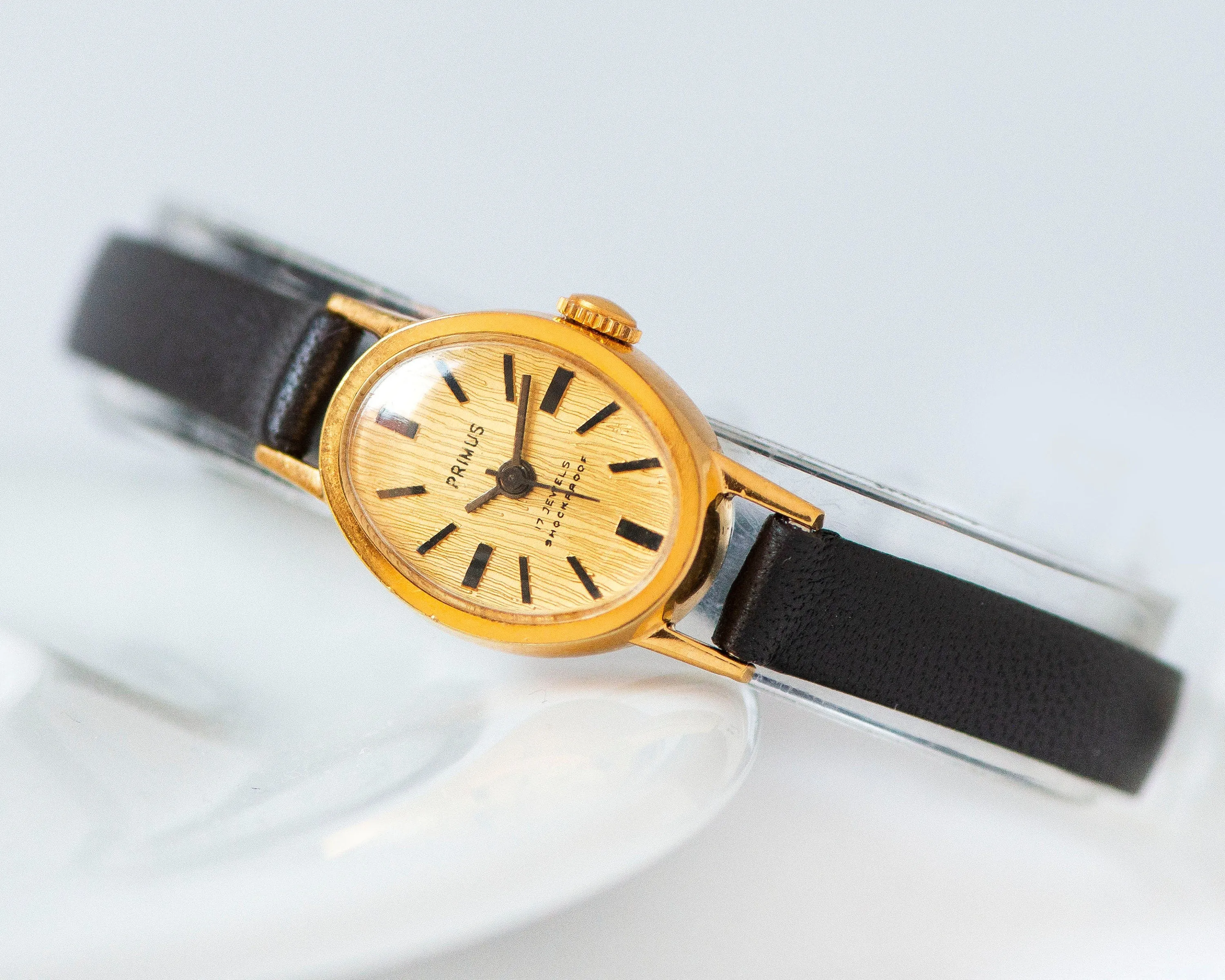 Mint condition women's watch Primus vintage, oval wristwatch gold plated gift, minimalist watch yellow dial unique, new premium leather band