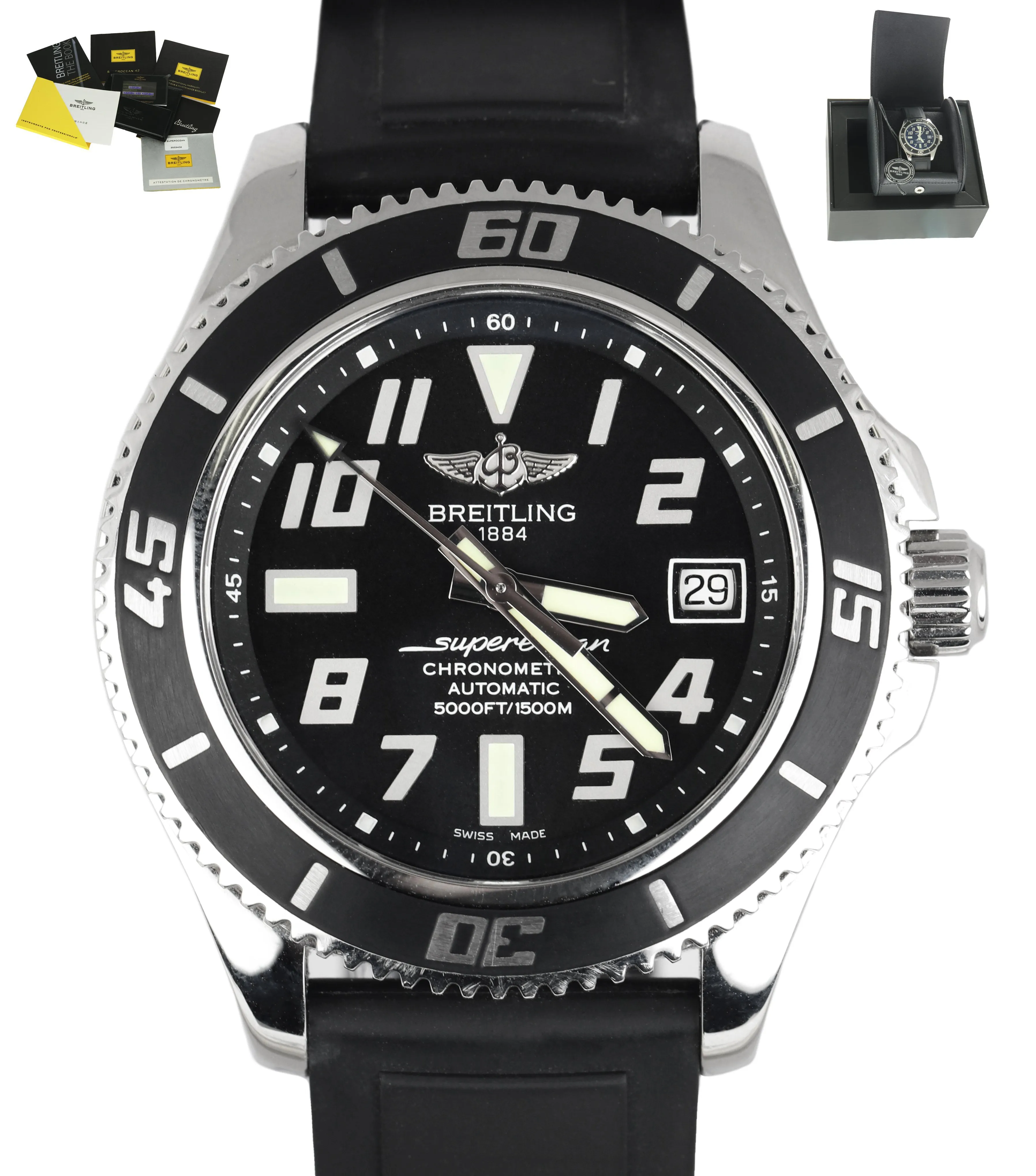MINT Men's Breitling SuperOcean 42 Abyss A17364 42mm Stainless Black Date Watch