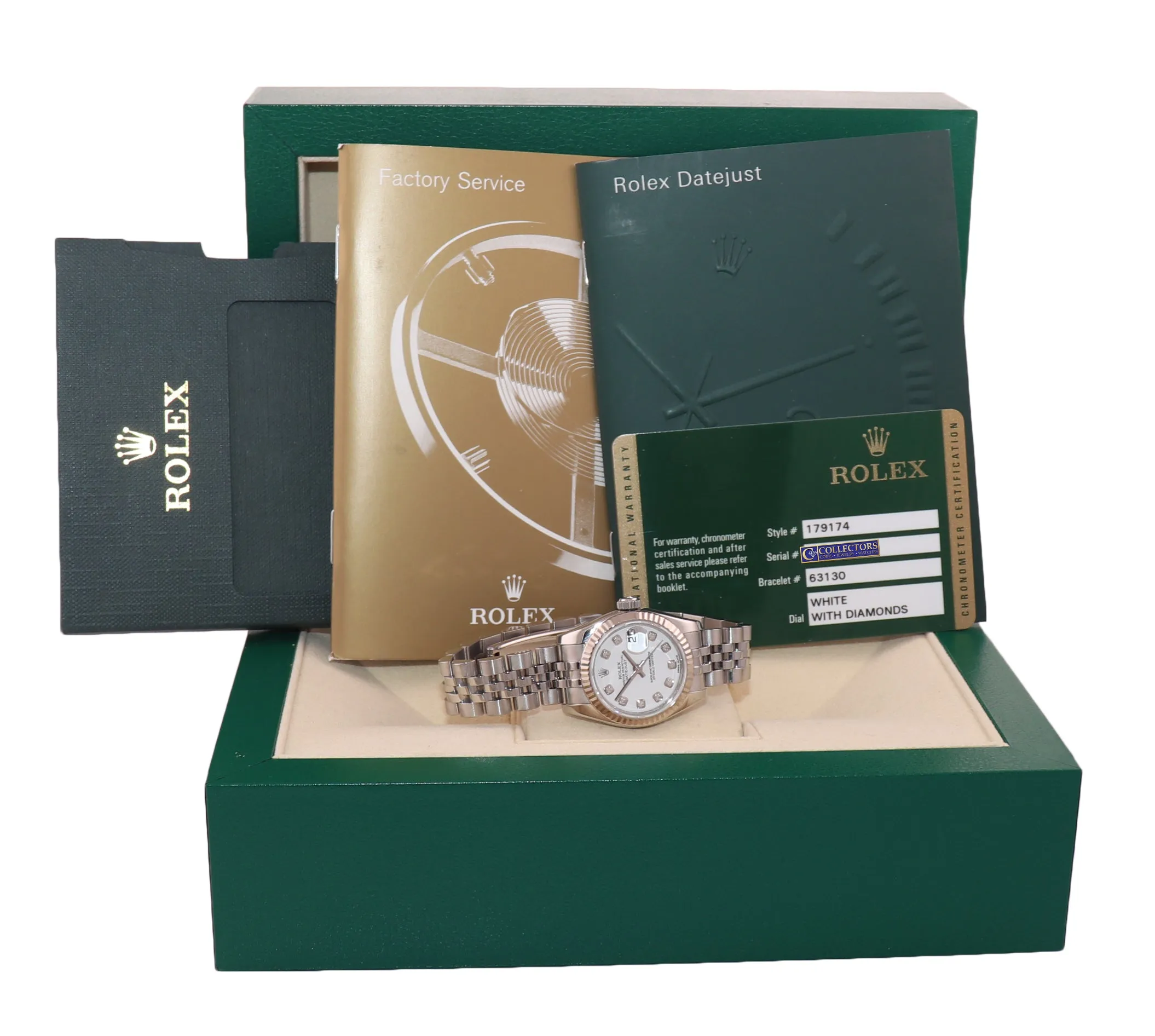 MINT Papers Ladies Rolex 179174 Datejust White Diamond Jubilee 26mm Watch Box