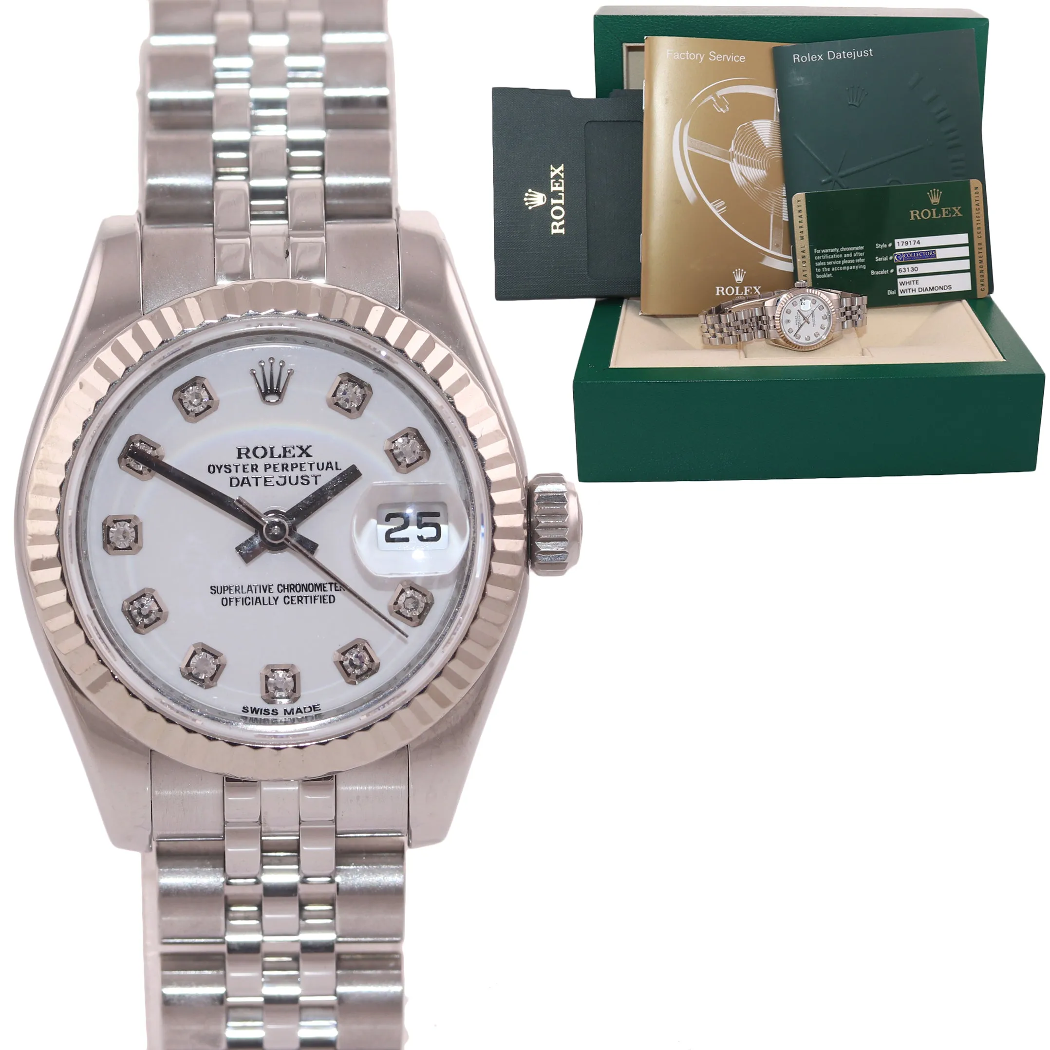 MINT Papers Ladies Rolex 179174 Datejust White Diamond Jubilee 26mm Watch Box