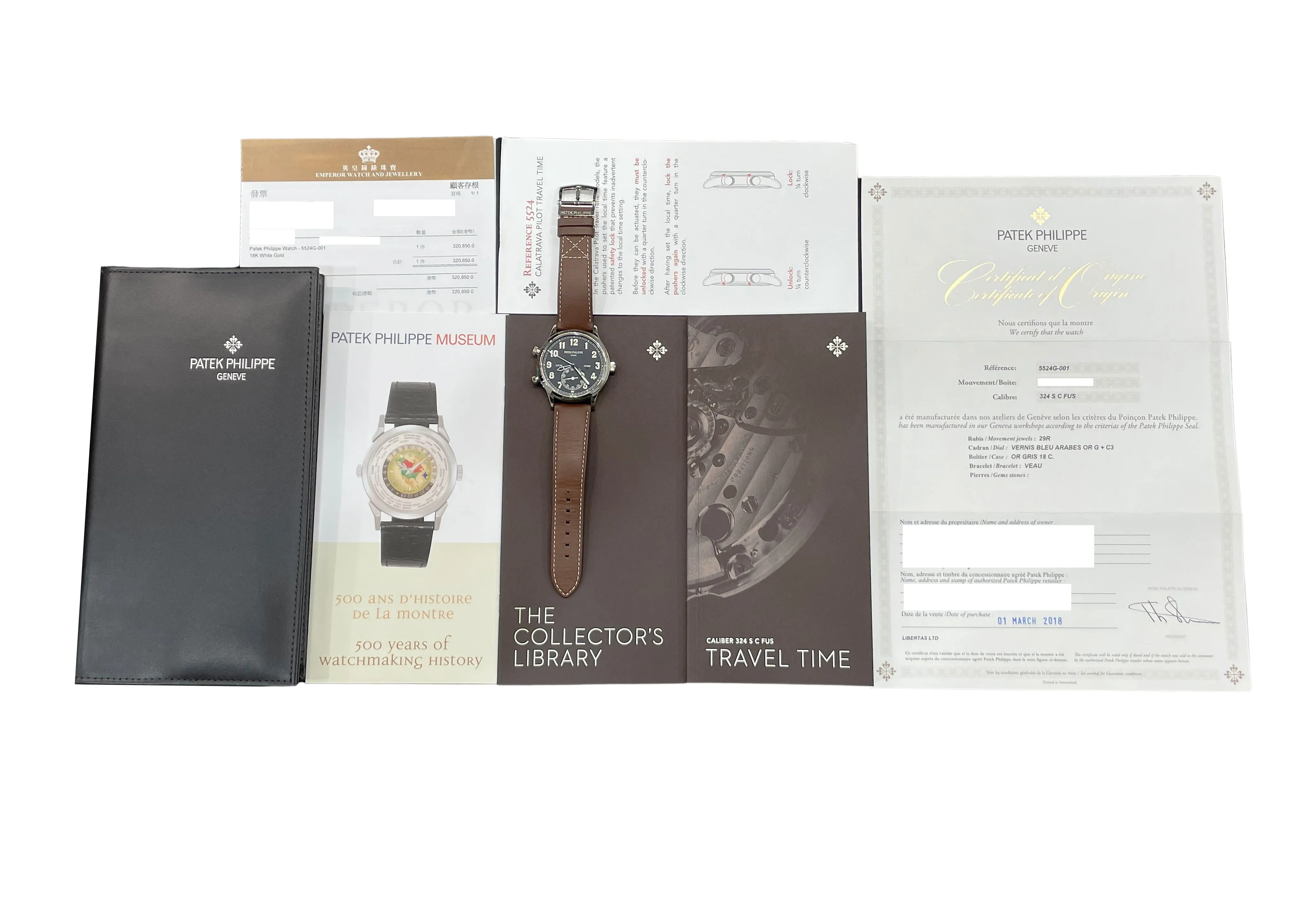 MINT PAPERS Patek Philippe Calatrava Pilot Travel Time 18K GOLD 42mm 5524G Watch