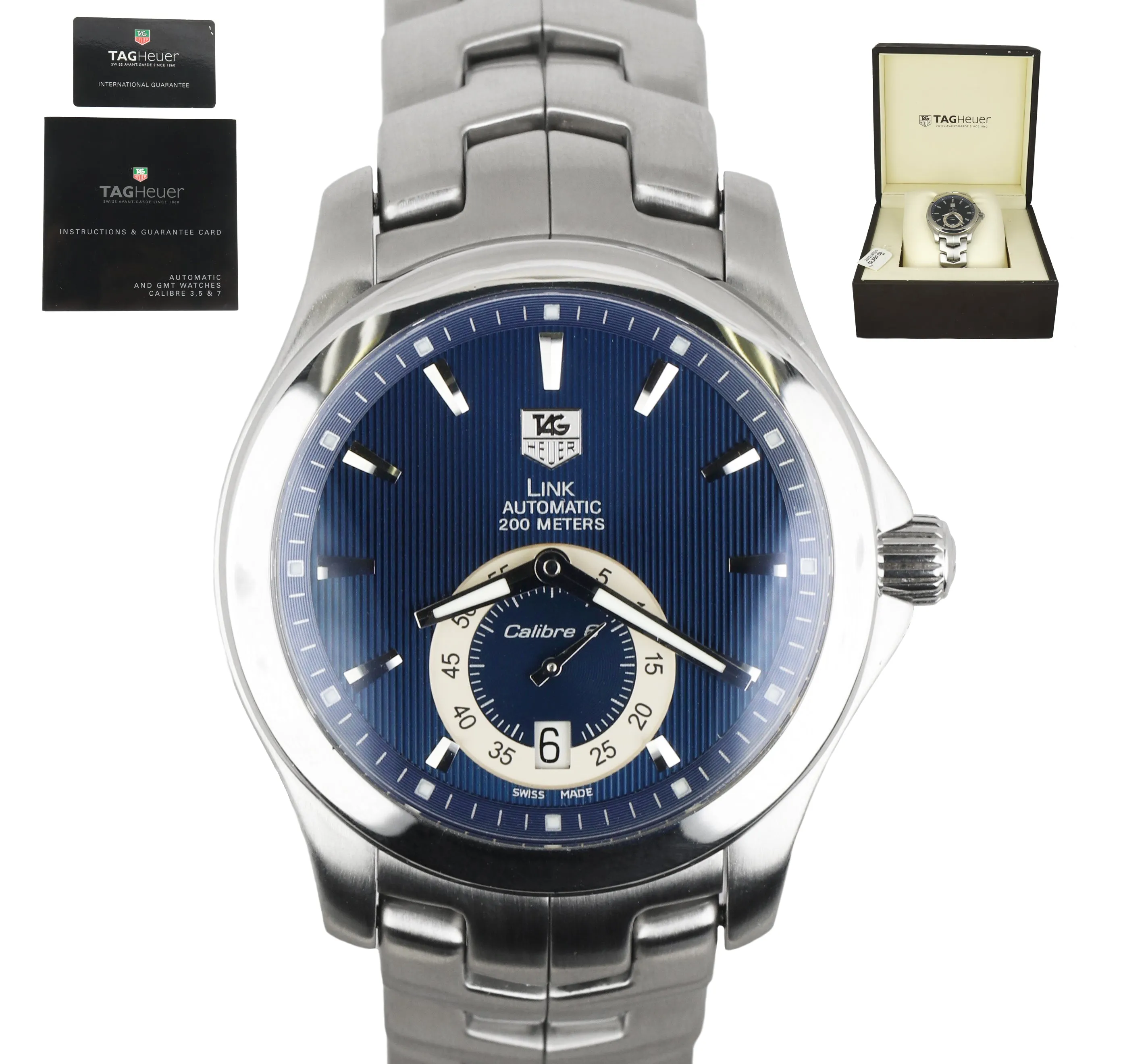 MINT TAG Heuer Link Calibre 6 Blue 40mm Auto Date Stainless Steel WJF211F Watch