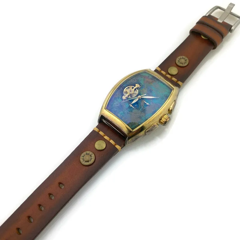 Moon Automatic Mechanical Watch,Multicolor Dial with Brown Leather Band