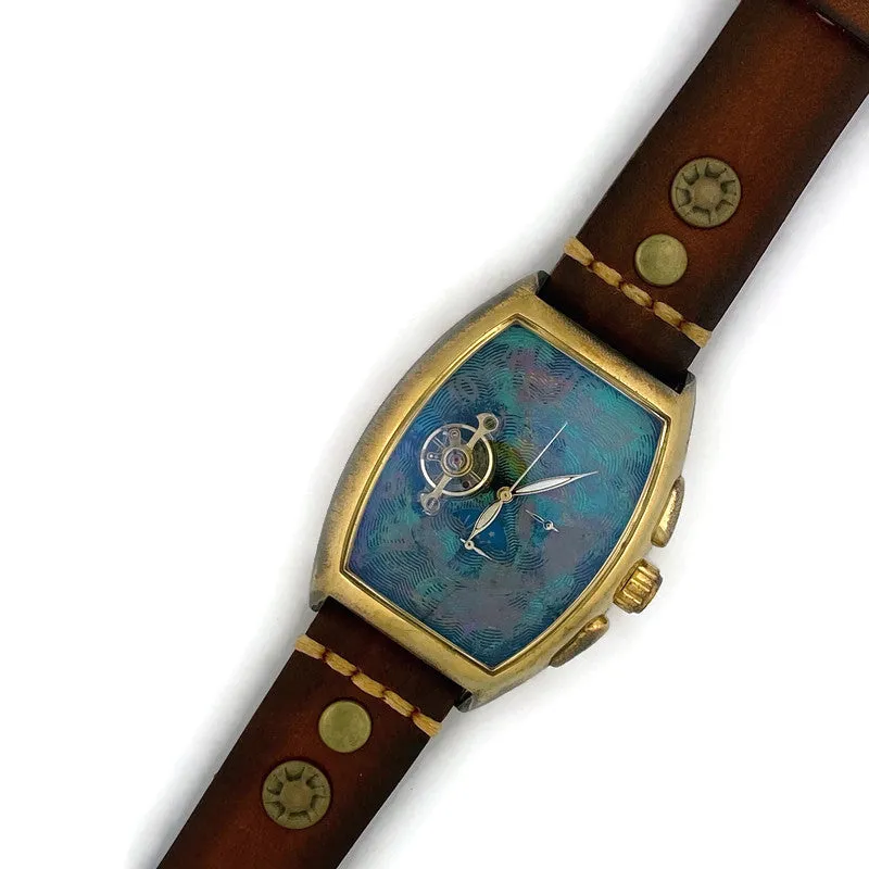 Moon Automatic Mechanical Watch,Multicolor Dial with Brown Leather Band