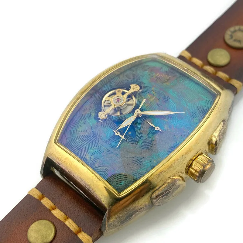 Moon Automatic Mechanical Watch,Multicolor Dial with Brown Leather Band