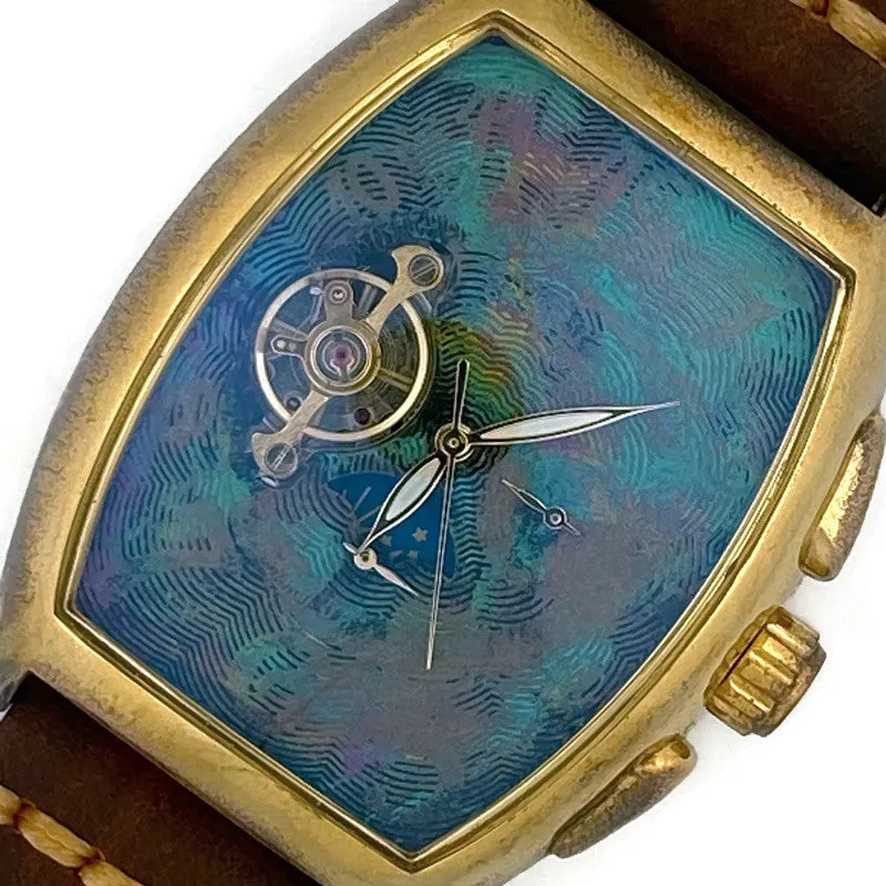 Moon Automatic Mechanical Watch,Multicolor Dial with Brown Leather Band