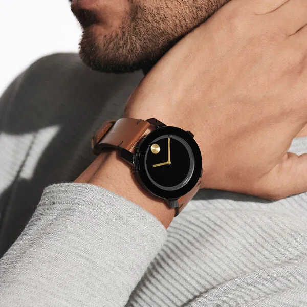 Movado Bold Brown Leather Strap Black Dial Watch