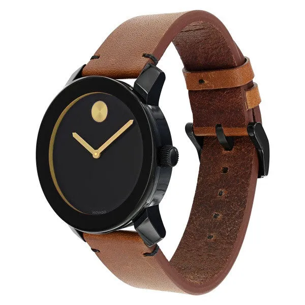 Movado Bold Brown Leather Strap Black Dial Watch