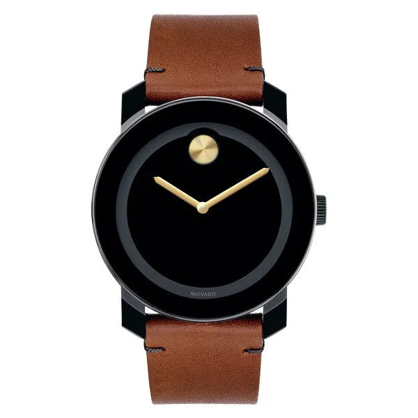 Movado Bold Brown Leather Strap Black Dial Watch