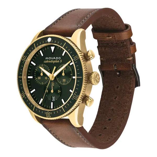 Movado Heritage Cognac Leather Green Dial Chronograph Quartz Watch for Gents - 3650062