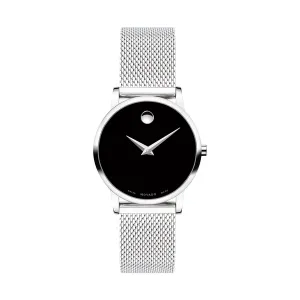 Movado Museum Classic Ladies Silver Tone Black Dial Mesh Strap Watch