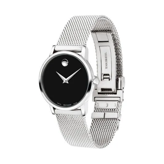 Movado Museum Classic Ladies Silver Tone Black Dial Mesh Strap Watch