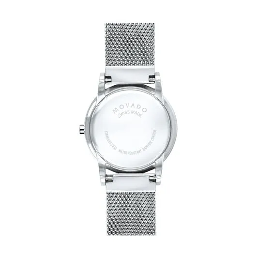 Movado Museum Classic Ladies Silver Tone Black Dial Mesh Strap Watch