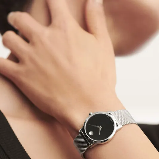 Movado Museum Classic Ladies Silver Tone Black Dial Mesh Strap Watch
