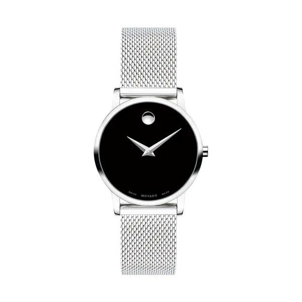 Movado Museum Classic Ladies Silver Tone Black Dial Mesh Strap Watch