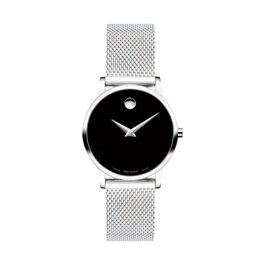 Movado Museum Classic Ladies Silver Tone Black Dial Mesh Strap Watch