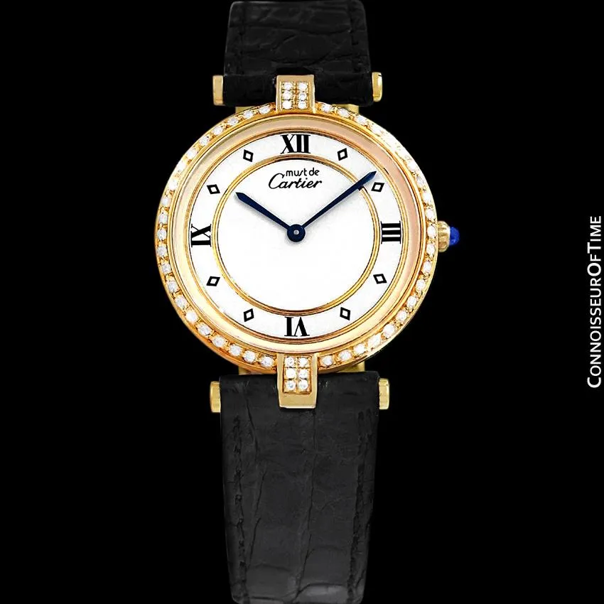 Must De Cartier Vendome Mens Midsize Unisex Vermeil Watch - 18K Gold Over Sterling Silver & Diamonds