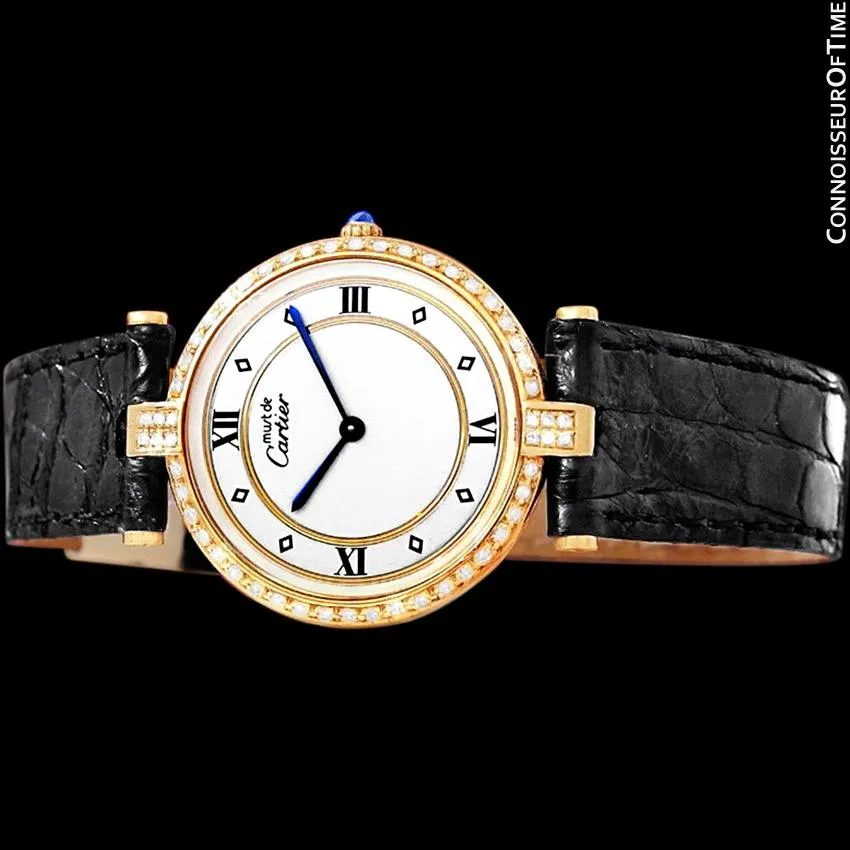 Must De Cartier Vendome Mens Midsize Unisex Vermeil Watch - 18K Gold Over Sterling Silver & Diamonds