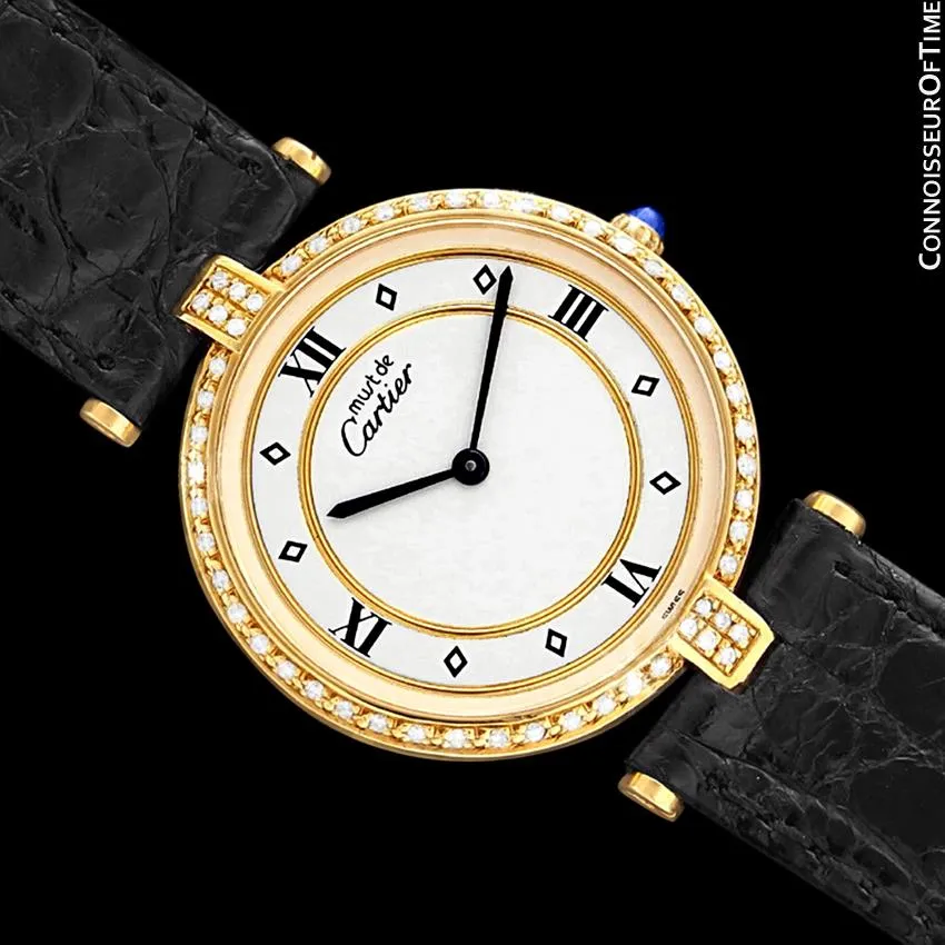 Must De Cartier Vendome Mens Midsize Unisex Vermeil Watch - 18K Gold Over Sterling Silver & Diamonds