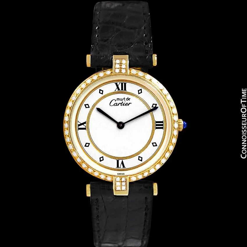 Must De Cartier Vendome Mens Midsize Unisex Vermeil Watch - 18K Gold Over Sterling Silver & Diamonds