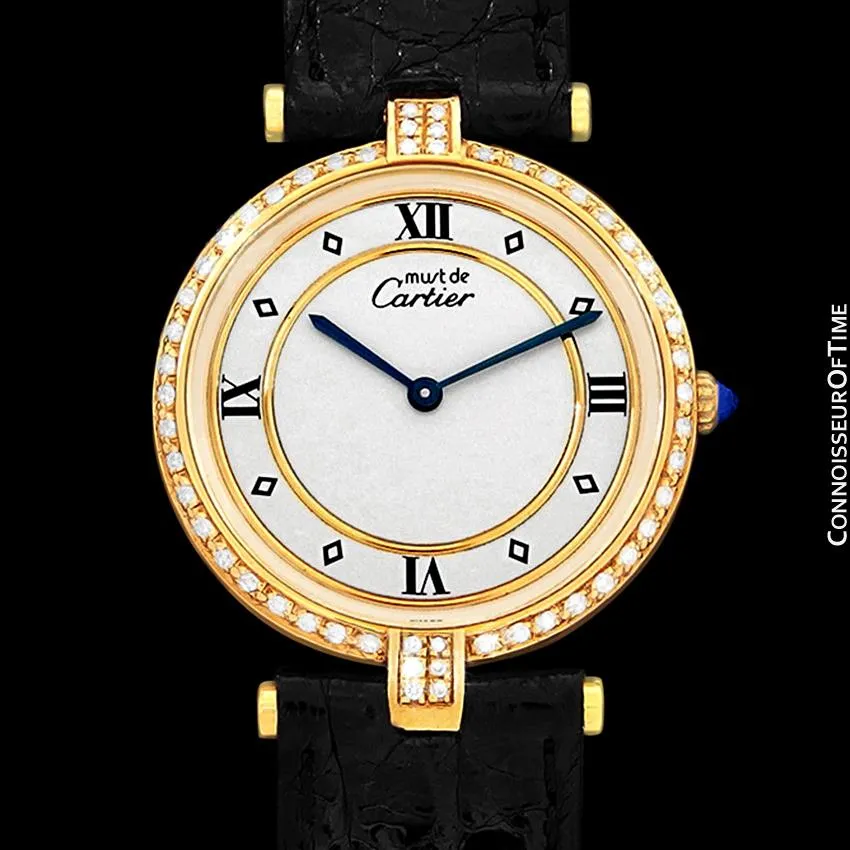 Must De Cartier Vendome Mens Midsize Unisex Vermeil Watch - 18K Gold Over Sterling Silver & Diamonds
