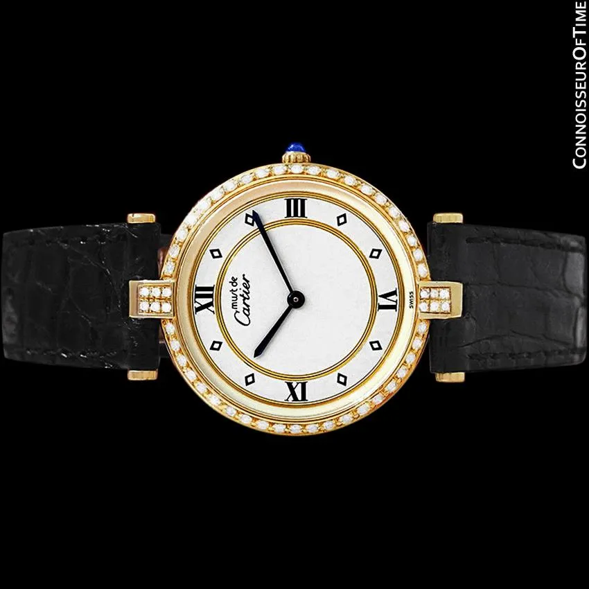 Must De Cartier Vendome Mens Midsize Unisex Vermeil Watch - 18K Gold Over Sterling Silver & Diamonds