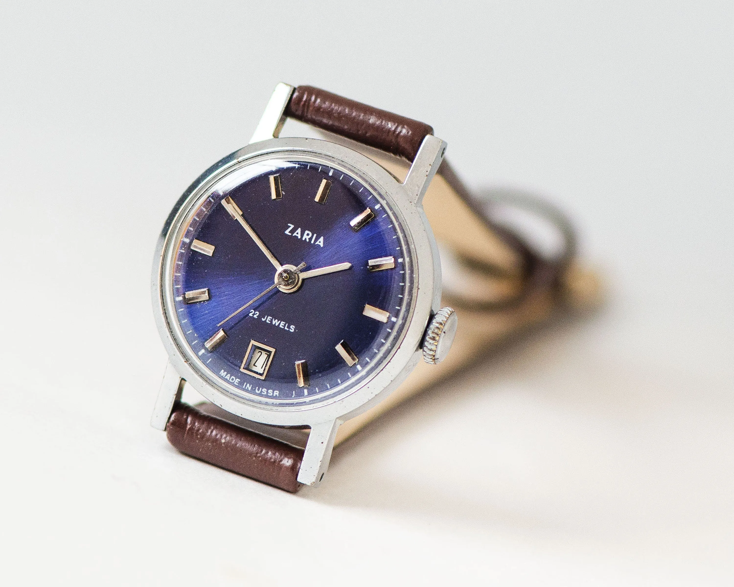 Navy blue dial women watch Dawn, classic women's watch vintage silver shade gift, minimalist watch date window, new luxury leather strap