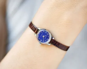 Navy blue women's watch unused Seagull, lady watch petite vintage new old stock, women's watch silver shade jewelry new genuine leather band