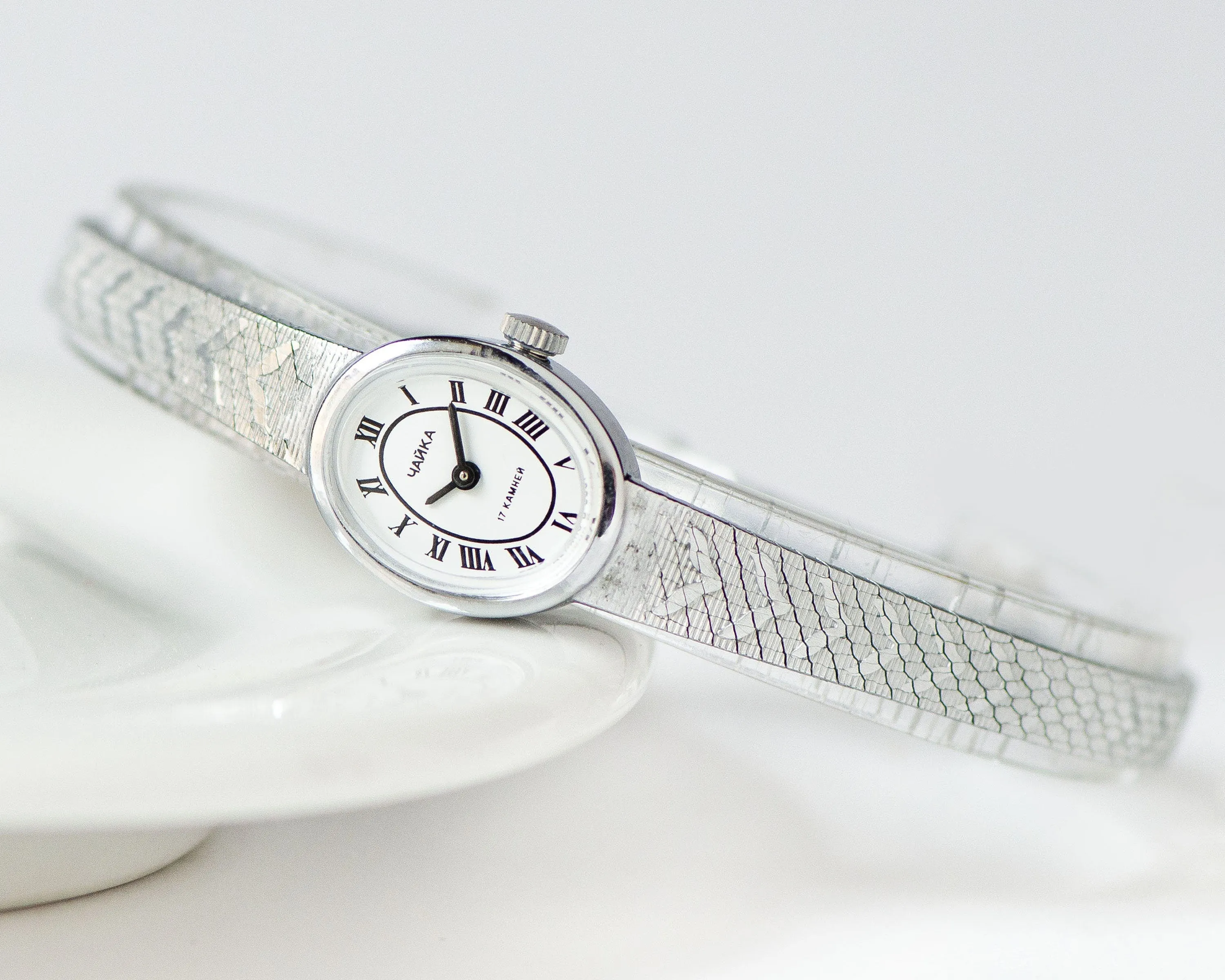 New old stock women cocktail wrist watch Seagull vintage, classic watch bracelet oval dial, cocktail wristwatch Roman numerals jewelry gift