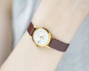 New old stock women wristwatch gold plated Dawn, classic girl wristwatch, lady watch retro jewelry vintage gift, new premium leather strap