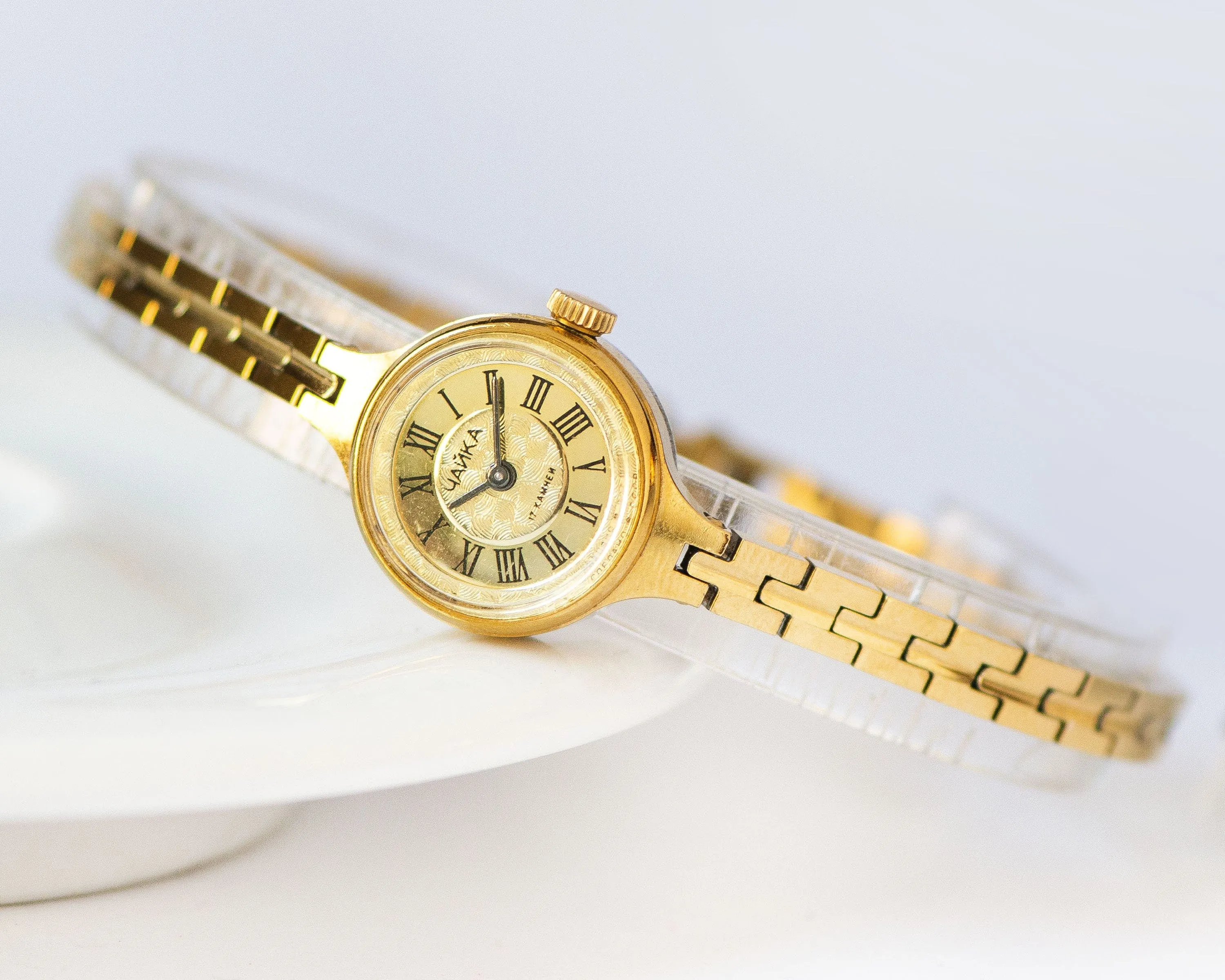 New old stock women's cocktail watch Seagull gold shade, delicate lady watch bracelet, Roman numerals women's watch retro tiny jewelry gift