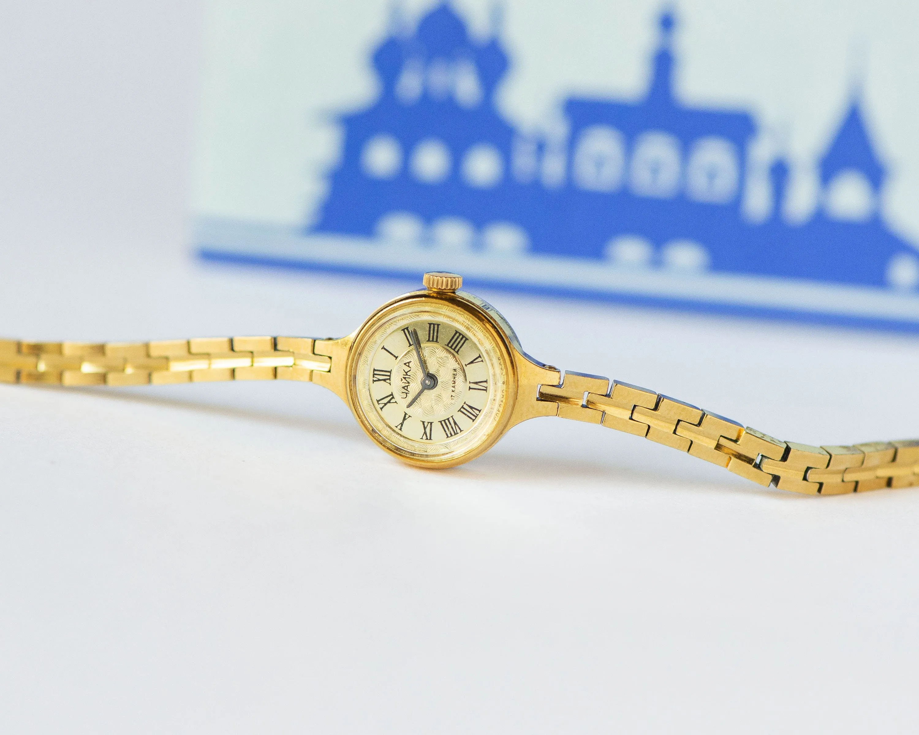 New old stock women's cocktail watch Seagull gold shade, delicate lady watch bracelet, Roman numerals women's watch retro tiny jewelry gift