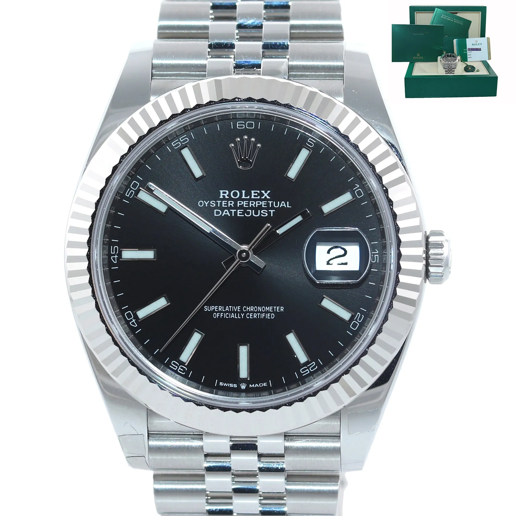 NEW PAPERS Rolex DateJust 41 126334 Black Stick Steel Fluted Jubilee Watch Box