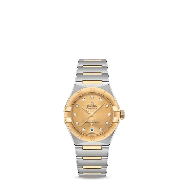 Omega Constellation 29mm Ladies Watch - Ref: 131.20.29.20.58.001 - Champagne Diamond Index Dial & 18K Yellow Gold Bezel, Two Tone Stainless Steel & 18K Yellow Gold Bracelet