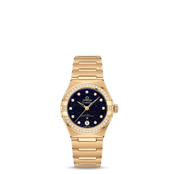 Omega Constellation 29mm Ladies Watch - Ref: 131.55.29.20.53.002 - Blue Diamond Index Dial & Diamond Bezel, 18K Yellow Gold Bracelet