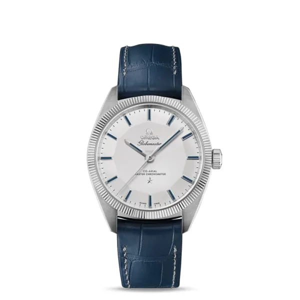 Omega Constellation 39mm Watch - Ref: 130.93.39.21.99.001 - Grey Index Dial & 950 Platinum Fluted Bezel, Blue Leather Strap