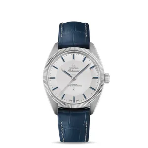 Omega Constellation 39mm Watch - Ref: 130.93.39.21.99.001 - Grey Index Dial & 950 Platinum Fluted Bezel, Blue Leather Strap
