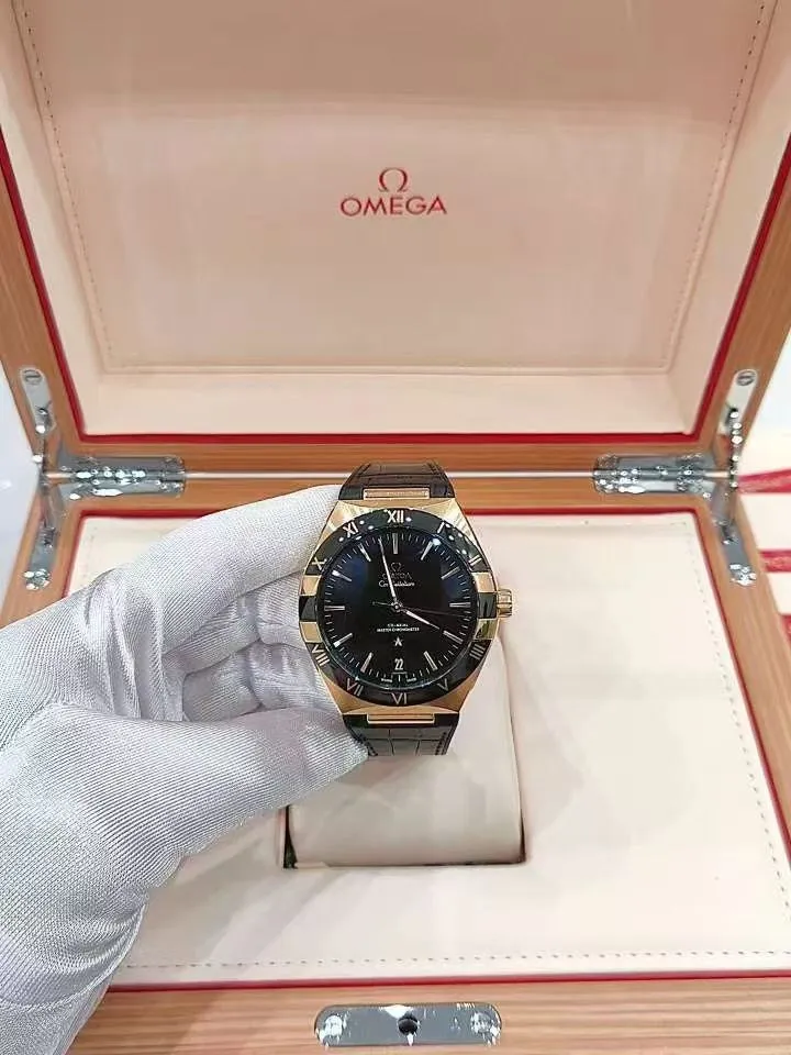 Omega Constellation 41mm Watch - Ref: 131.63.41.21.01.001 - Black Index Dial in 18K Yellow Gold Case, Black Leather Strap