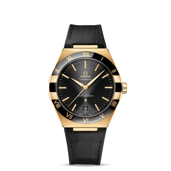Omega Constellation 41mm Watch - Ref: 131.63.41.21.01.001 - Black Index Dial in 18K Yellow Gold Case, Black Leather Strap