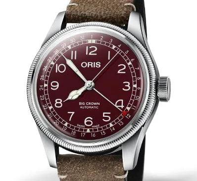 Oris Big Crown Pointer Date Bronze Bezel Watch with Red Dial and Leather Strap