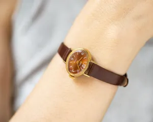 Oval women wristwatch burgundy brown dial Dawn, lady wristwatch gold plated, classic lady watch small dial jewelry, new genuine leather band