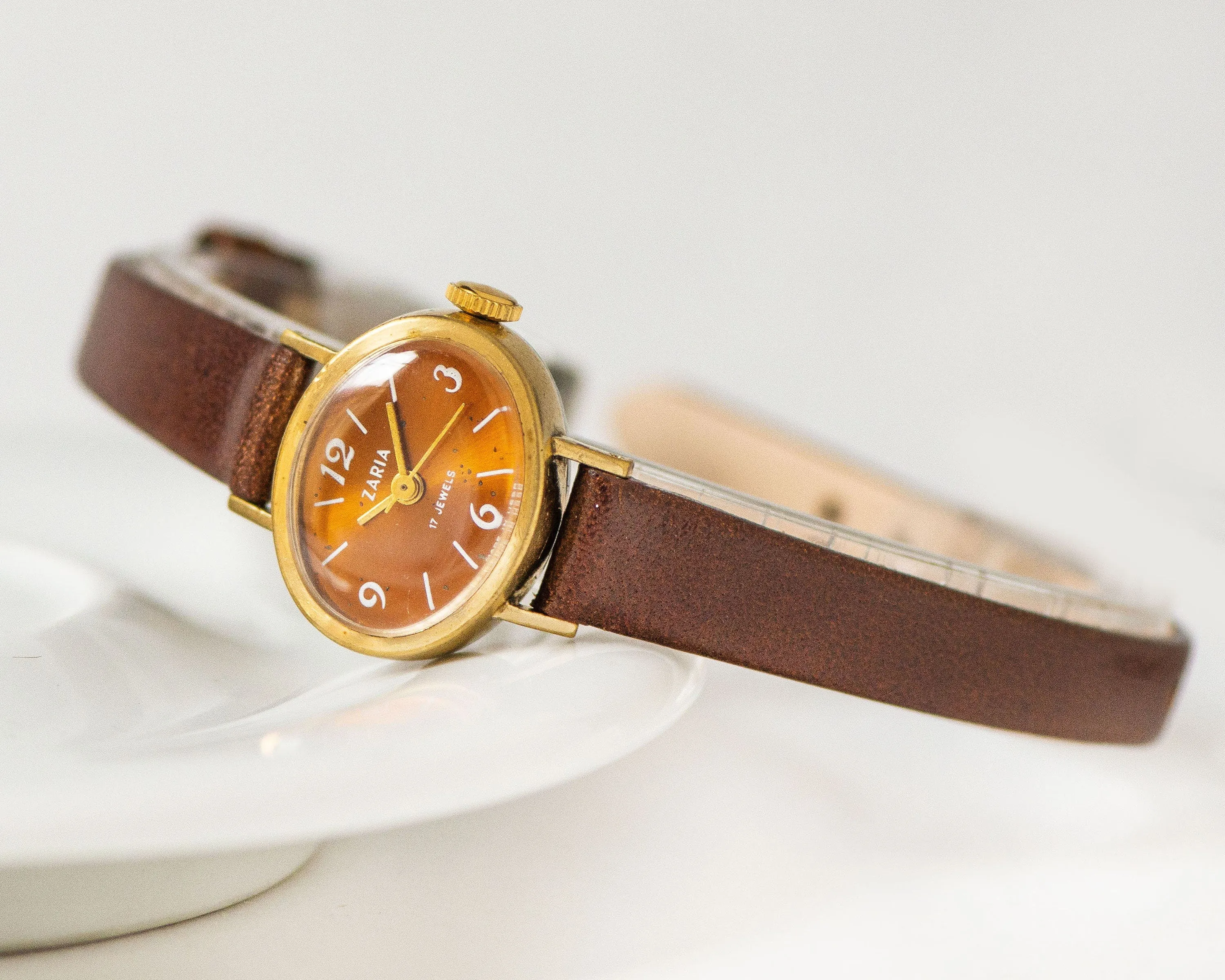 Oval women wristwatch burgundy brown dial Dawn, lady wristwatch gold plated, classic lady watch small dial jewelry, new genuine leather band