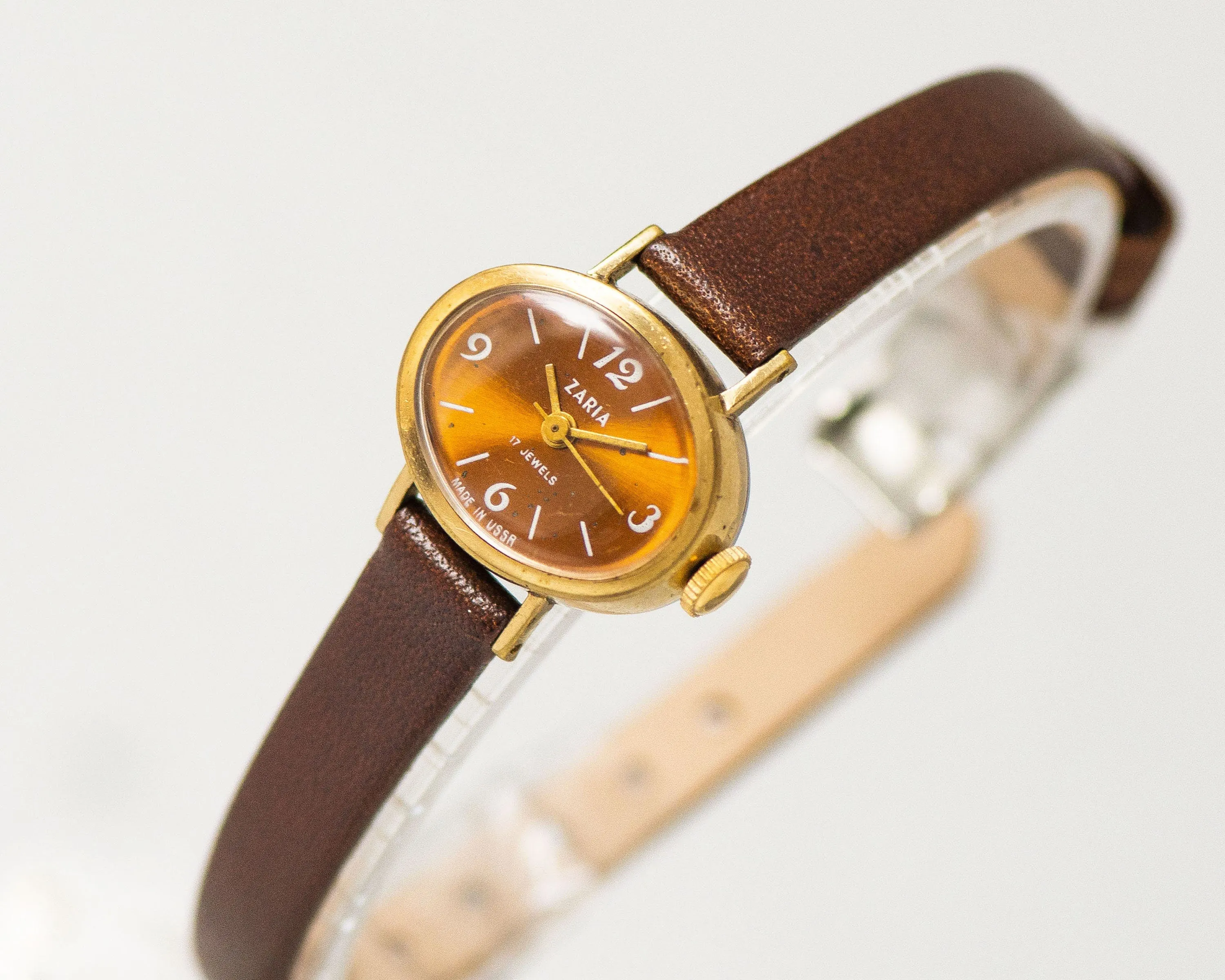 Oval women wristwatch burgundy brown dial Dawn, lady wristwatch gold plated, classic lady watch small dial jewelry, new genuine leather band